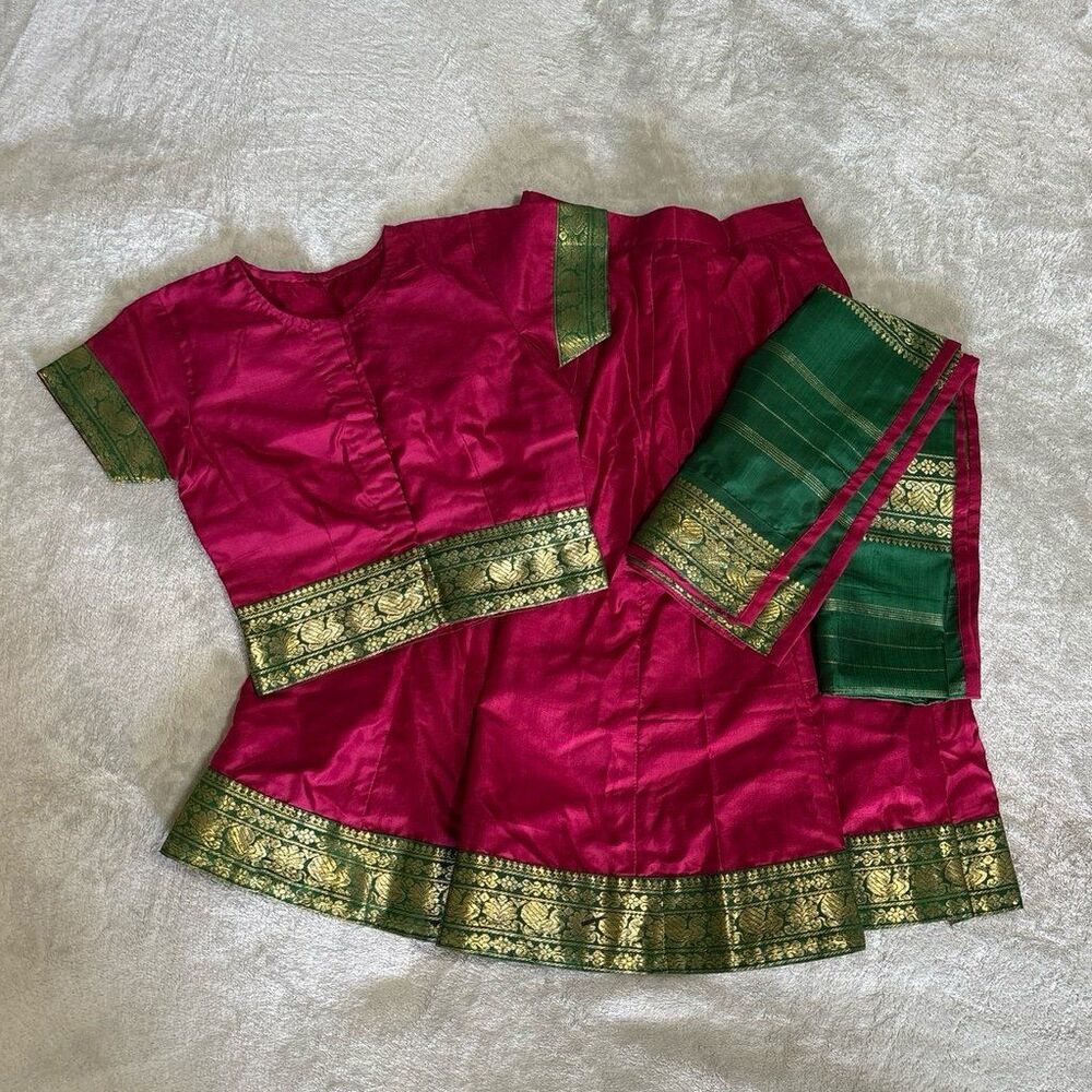 Pattu pavadai pink green traditional Indian dance outfit dupata wedding guest
